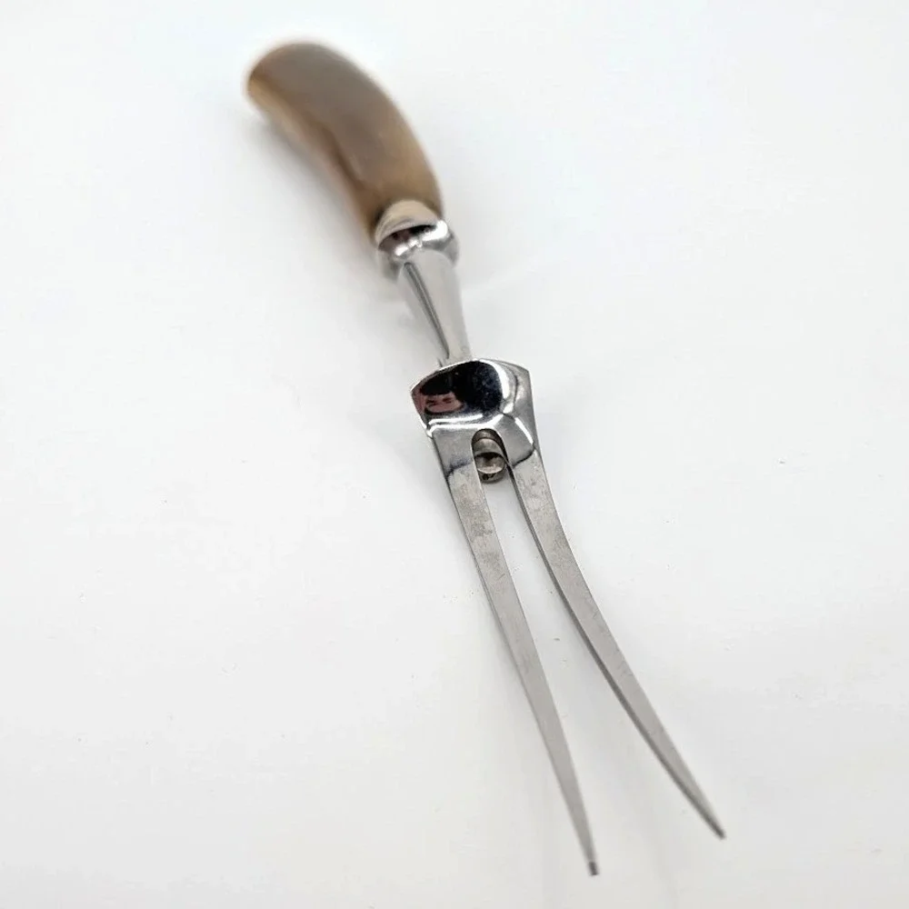 Vintage Carving Fork Genuine Horn Handle Stainless Steel Meat Server England 11
